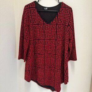 J & JL Fashion Red and Black Sparkley Geomentric V-Neck Top Womens Size XL